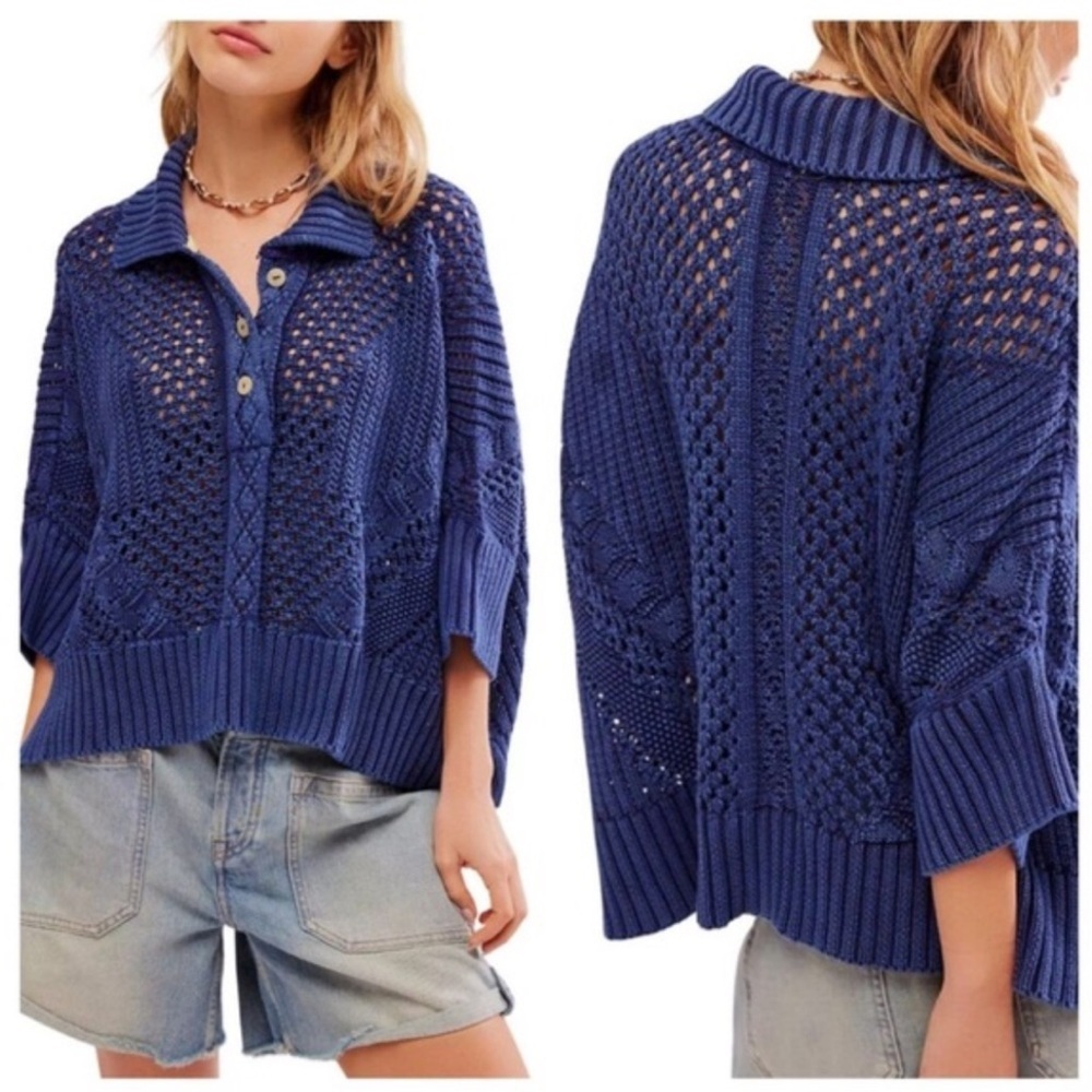 New Free People Point Polo Sweater Navy Open Knit Crochet Collar Slouchy S - Picture 8 of 8
